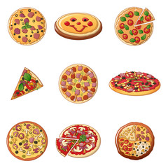 Pizza icon set. Cartoon set of pizza vector icons for web design