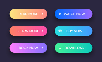 Set of vector modern material style buttons. Different gradient colors and icons on oval forms with shadows.