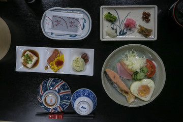 sushi and other traditional food in a ryokan
