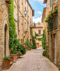 Wąska i malownicza ulica w miasteczku Pienza, Toskania, Włochy - obrazy, fototapety, plakaty