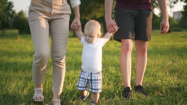 Lovely family teaches infant to first walk in sunny park. Mother and father holding hands of little son and moving on the green ground. Outdoors.