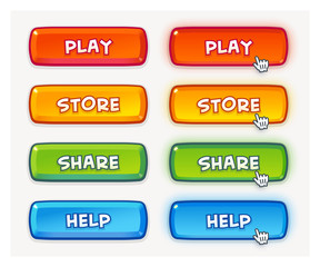 Set of vector game user interface buttons. Two different state, default and hover or pressed. 4 colors, yellow, red, green and blue.