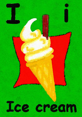 I is for ice cream. Watercolour cartoon painting of an ice cream cone. Letter I, ABC kids wall art. Alphabet flashcard, nursery poster, playroom decor. Vibrant colours with a green background.