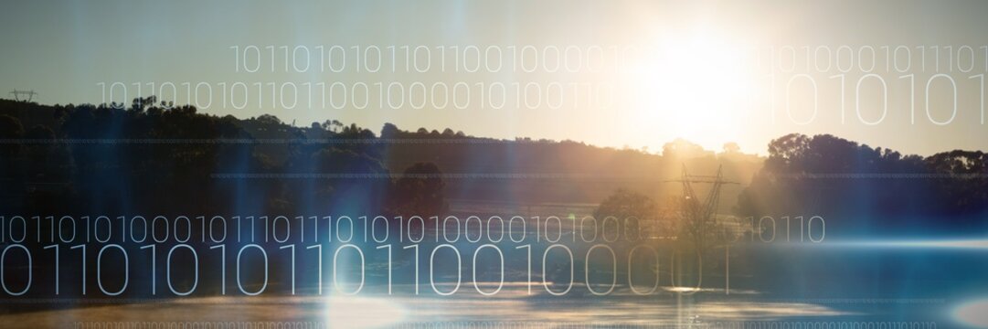 Composite image of blue technology design with binary code