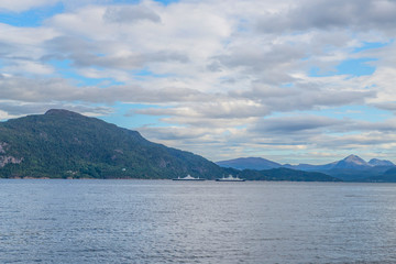 Norwegian fjords and mountains seen from the sea