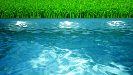 Fototapeta na wymiar Beautiful background with a swimming pool, with water and grass. 3d illustration, 3d rendering.