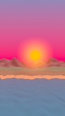 Sun Sea Beach. Sunset. Ocean shore line with waves on a beach. Island beach paradise with waves. Vacation, summer, relaxation. Seascape, seashore. Minimalist landscape, primitivism. 3D illustration