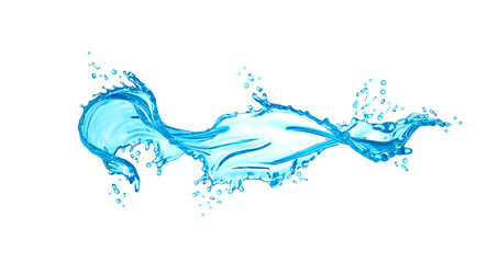 Transparent, blue, beautiful, isolated splash water splash on a white background. 3d illustration, 3d rendering.