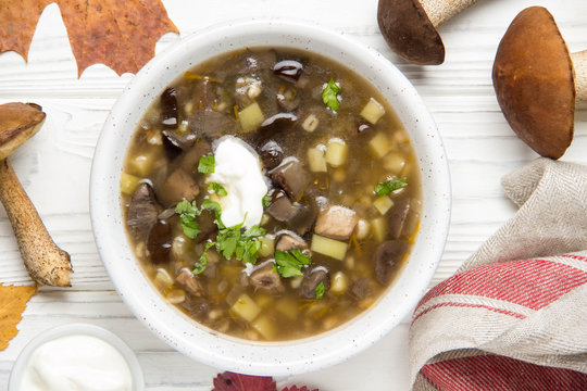 Forest mushroom soup with boletus, potatoes, pearl barley and sour cream. Classic Russian cuisine, delicious healthy vegetarian lunch. Autumn food