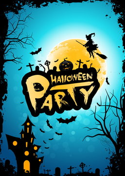 Halloween Party Background with Moon, Whitch and Haunted House