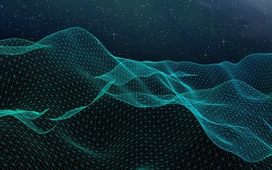 Star horizon. Abstract landscape on a dark background. Cyberspace grid. Hi-tech network. Outer space. Starry outer space texture. 3D illustration