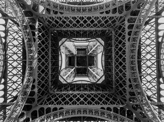 Underneath the Eiffel Tower black and white