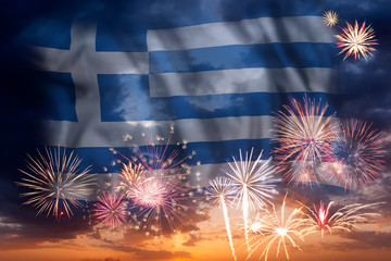 Fireworks and flag of Greece
