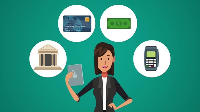 Businesswoman with money round icons high definition animation colorful scenes