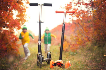 The two brothers ran to their scooters.A walk in the autumn woods.  © Denis