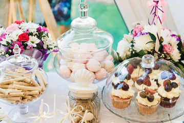 Candy bar. Table with sweets at the wedding (cupcakes, cakes, marshmallows)