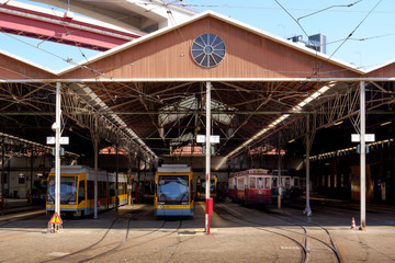 The old trams and the new trams of Lisbon at a garage