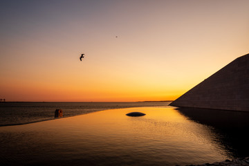 Sunset over a water font and a seagul with the sea on the background