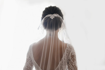 The bride stands back in a beautiful wedding dress with an open back and a veil