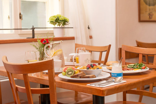 Fresh and tasty breakfast served on the table.