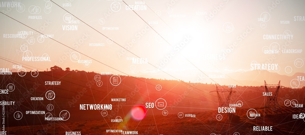 Poster composite image of sphere of icons and words