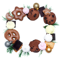 Pattern made of Christmas cookies. Flat lay holiday concept.