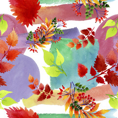 Fototapety  Akwarela jesienny ornament liści. Liść roślin ogród botaniczny kwiatowy liści. Bezszwowe tło wzór. Tkanina tapeta tekstura wydruku. Liść akwareli na tle, tekstury, wzór opakowania.