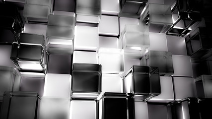 Bright, high-contrast black-and-white abstract background with white, black and glass cubes, 3d illustration, 3d rendering.