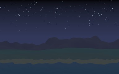Obraz premium Starry moonless sky. Ocean shore line with waves on a beach. Island beach paradise with waves. Vacation, summer, relaxation. Seascape, seashore. Minimalist landscape, primitivism. 3D illustration