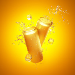 Cheerful orange, yellow background with a drink in aluminum cans. Drink, drink, restaurant, alcohol, water, mix, bar, soda, cola, fruit, aluminum cans, packing. 3D illustration. 3D rendering.