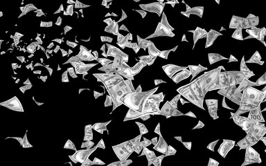 Flying dollars banknotes isolated on dark background. Money is flying in the air. 100 US banknotes new sample. Black and white style. 3D illustration