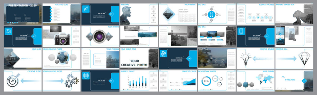 Original Presentation Templates. Set Of Blue, Elements Of Infographics, White Background. Flyer,postcard, Corporate Report, Marketing,advertising,banner.Slide Show, Photo, Slide For Brochure,booklet