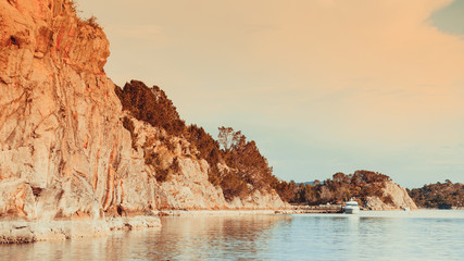 Norway sea, cliffs during sunny weather.