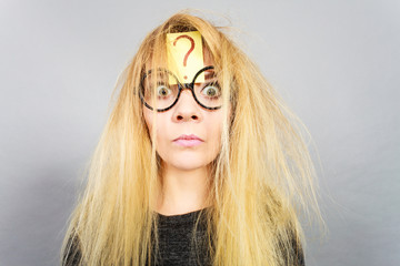 Tired crazy woman after intensive thinking