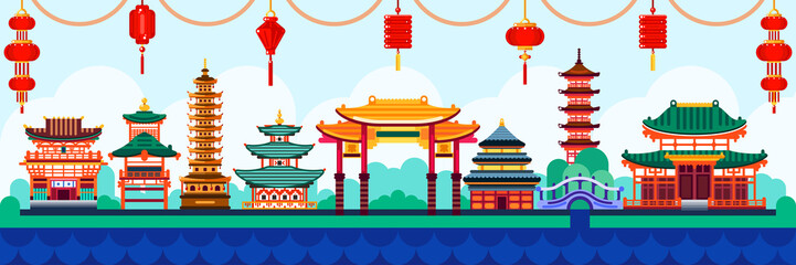 Chinese town design elements. Travel to China vector flat illustration. Traditional pagoda and lanterns background