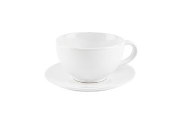 White coffee cup and saucer isolated on white background.