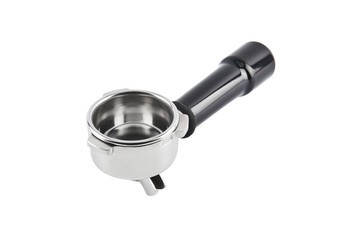 Portafilter isolated on white background. Empty filter holder for espresso coffee machine. Black Espresso handle.