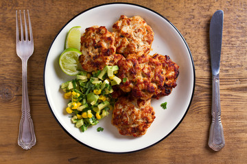 Chicken patties or  burgers with avocado corn salsa. View from above, top studio shot