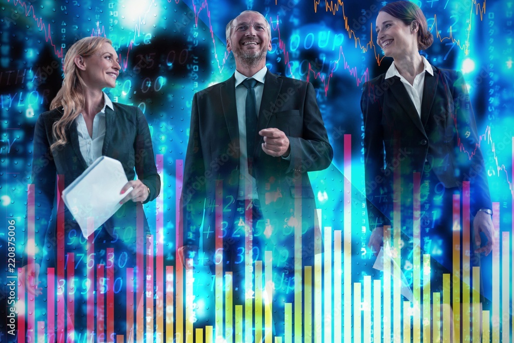 Poster composite image of low angle view of colleagues walking against