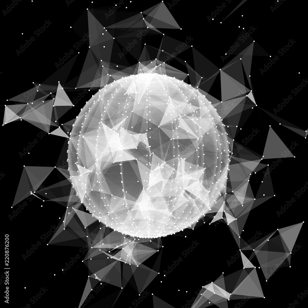 Poster 3d sphere made of points. Particle circle. Abstract vector sphere. Сircular 3d ornament. Vector ilustration.