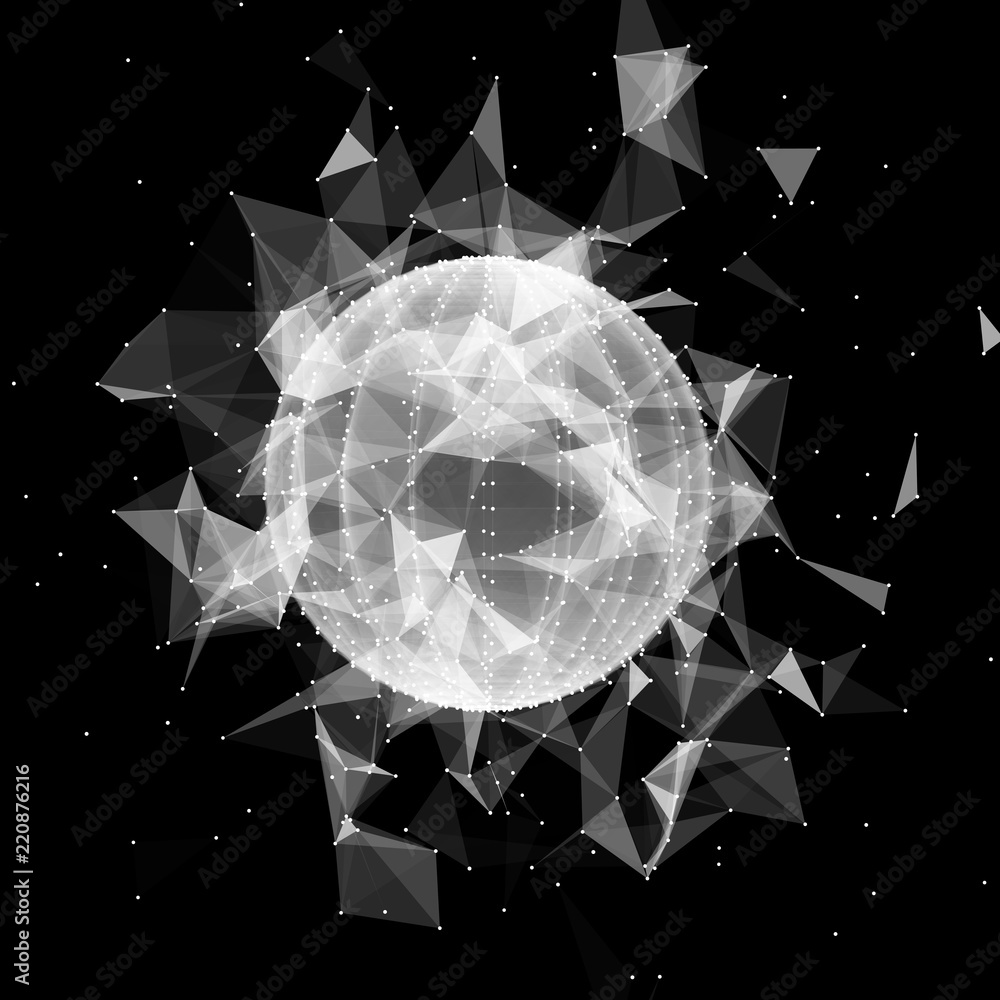 Poster 3d sphere made of points. Particle circle. Abstract vector sphere. Сircular 3d ornament. Vector ilustration.