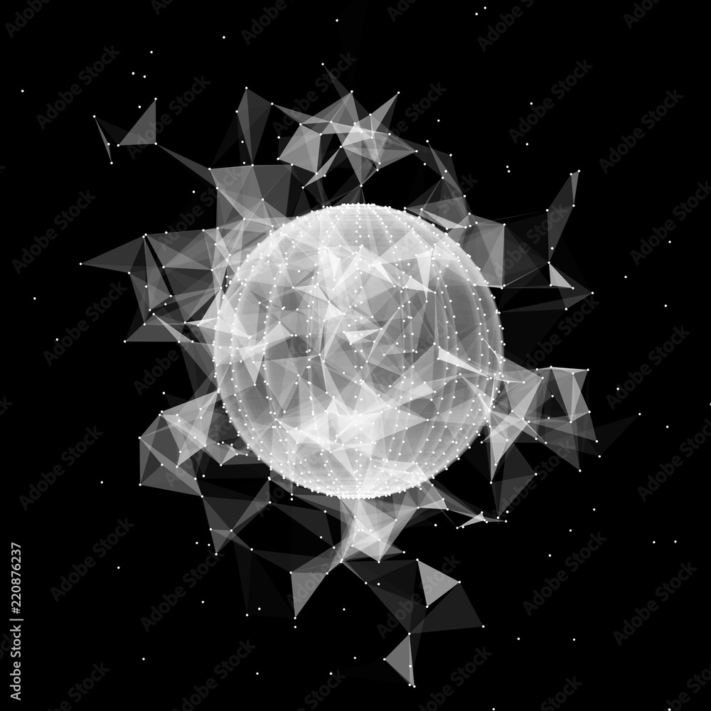 Poster 3d sphere made of points. Particle circle. Abstract vector sphere. Сircular 3d ornament. Vector ilustration.