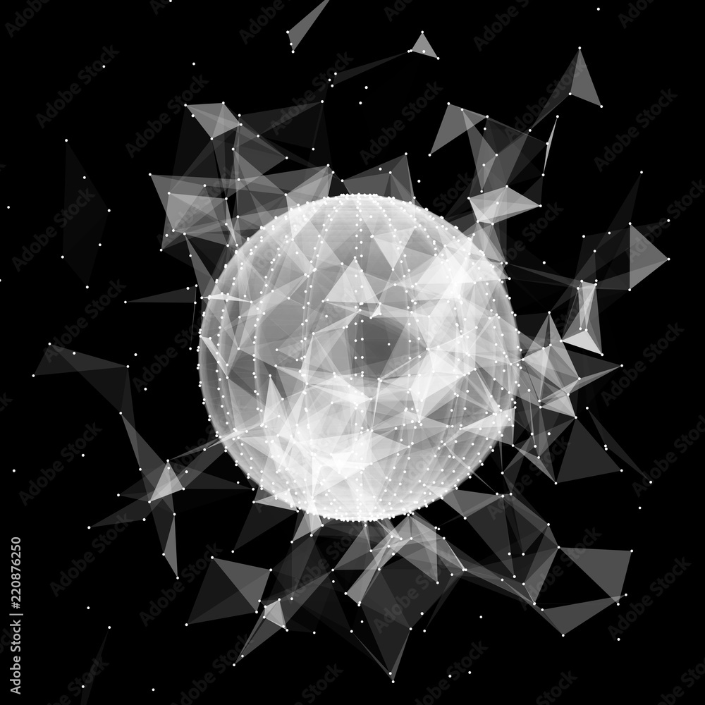 Poster 3d sphere made of points. Particle circle. Abstract vector sphere. Сircular 3d ornament. Vector ilustration.