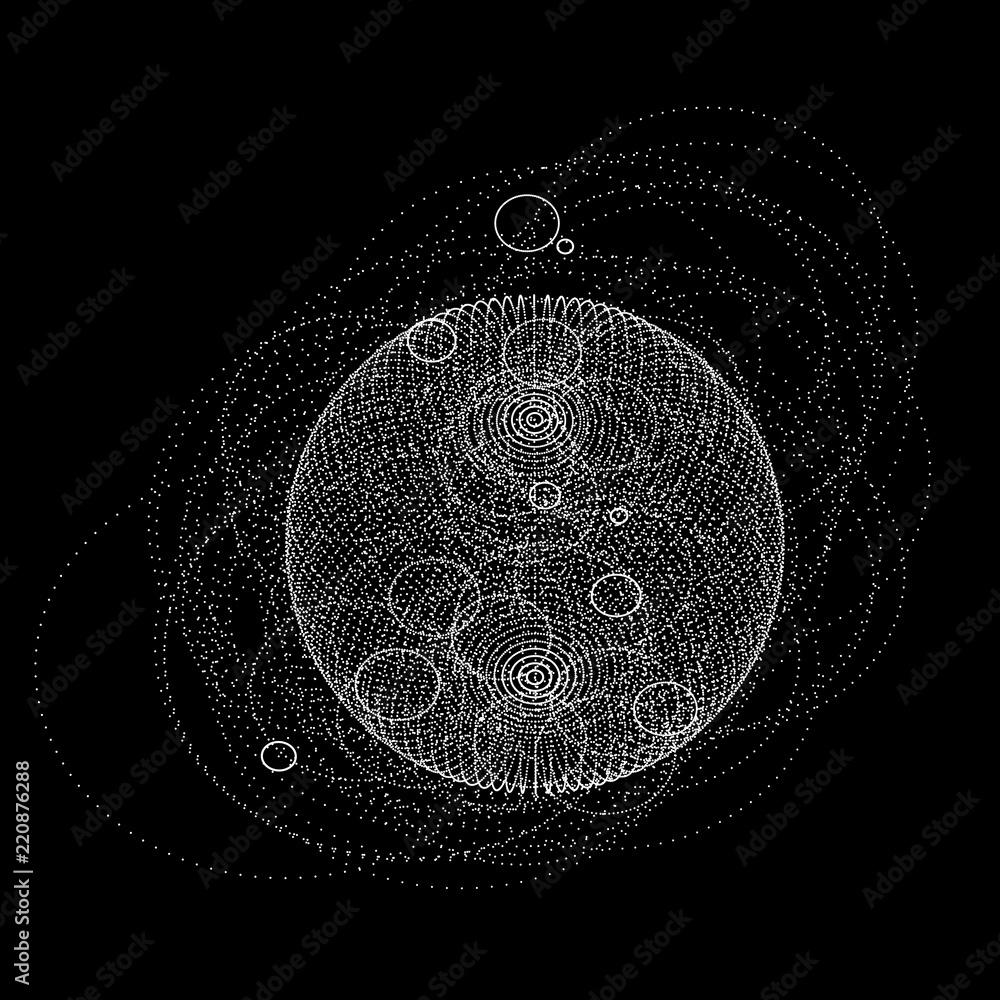 Poster 3d sphere made of points. Particle circle. Abstract vector sphere. Сircular 3d ornament. Vector ilustration.