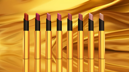 Lipstick on a gold background. Bottle, lipstick, accessory, style, makeup, lips, beauty, make-up, facials, ink, packaging. ..Cosmetics.
