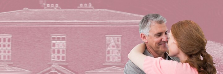 Couple hugging in front of house drawing sketch