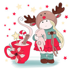 Merry Christmas Color Vector Illustration Set GIRL CONGRATULATION for Scrapbooking and Digital Print on Card and Photo Children’s Albums