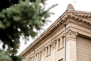 Beautiful old house. first plan green tree. geometry