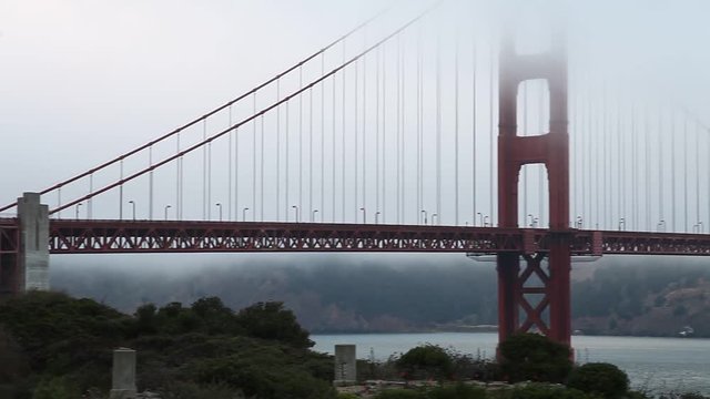 Panoramic Golden Gate Bridge from Fort Point, south shore, San Francisco Bay, California, United States. Typical fog in summertime. Main landmark of San Francisco. Travel and holidays concept.