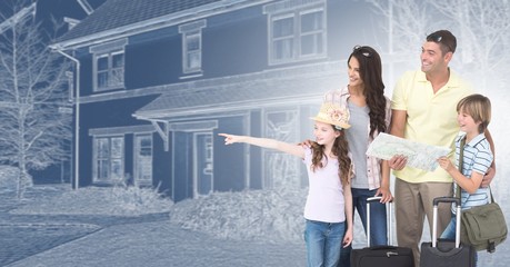 Family in front of house drawing sketch with luggage